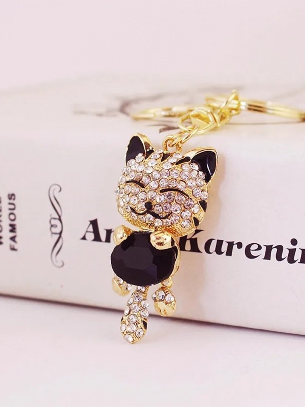 Gold and Black Crystal Cat Keychain -